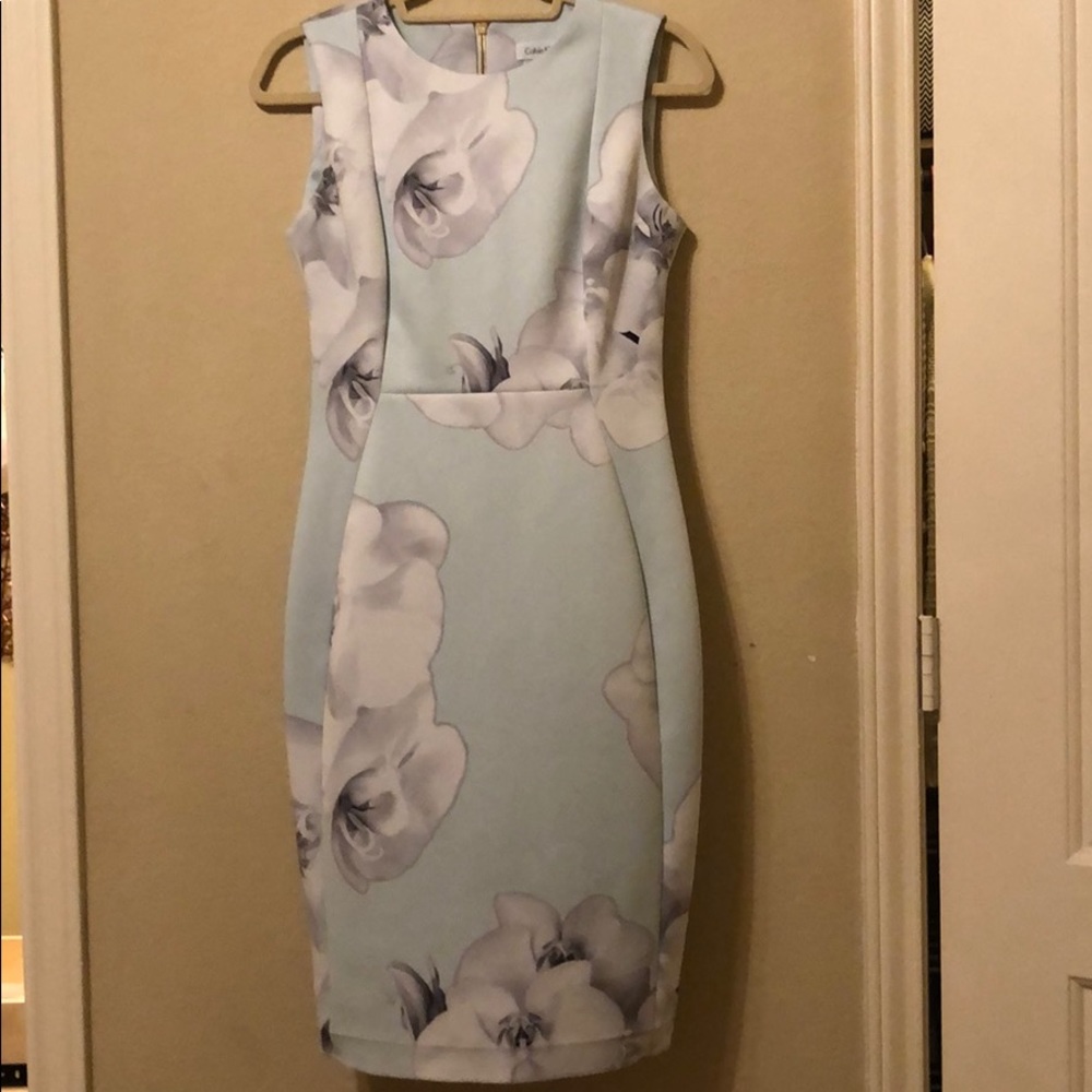 light blue dress with floral patterns!
